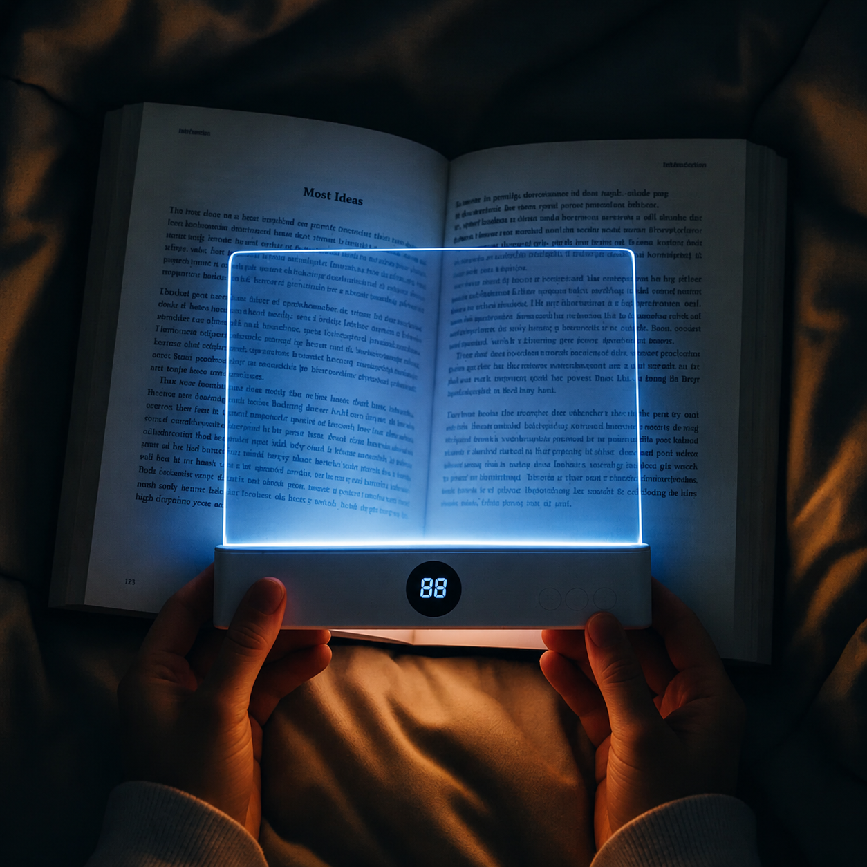 BookGlow LED book light illuminating a book at night